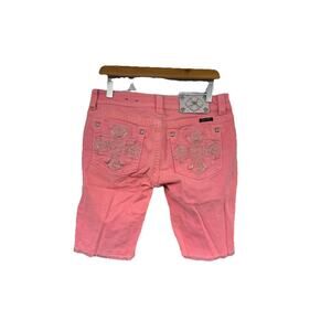 Miss Me Hot Corral Pink Bling Rhinestone Cross Pocket Bermuda Shorts Womens 30